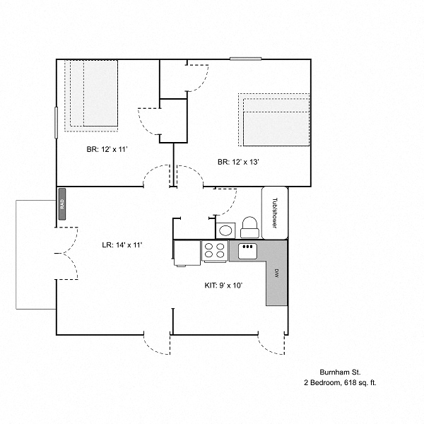 Floor plan for 2 beds, 1 bath, 710 sqft